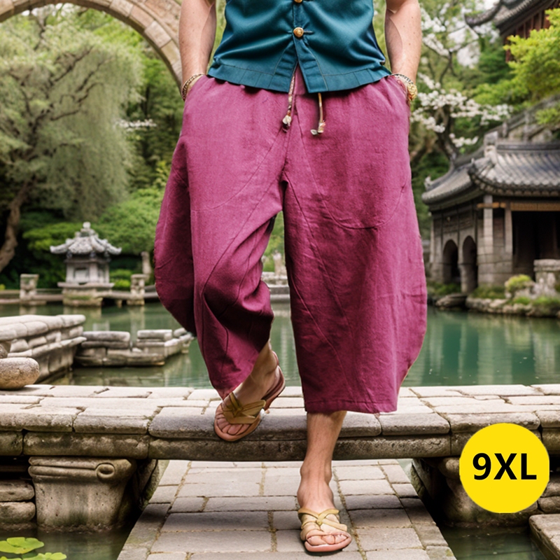 Summer Chinese Style Loose Plus-Size Capri Pants Shorts for Men, Wide-Leg Pants for Big and Tall Men, Linen Casual Skirt Pants