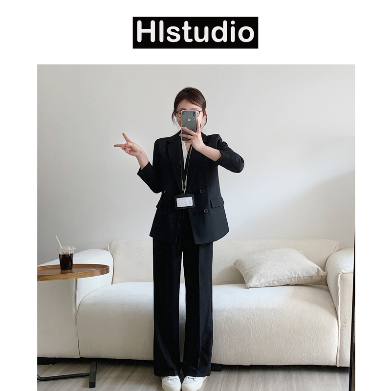 Hlstudio Black Business Suit Set for Women, Spring and Autumn, Suitable for College Students, Interviews, Commuting, Formal Wear, Small Blazer Jacket