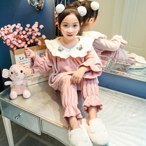 Girls pajamas autumn and winter girls home clothes children flannel thickened baby suit plus velvet two-piece Winter