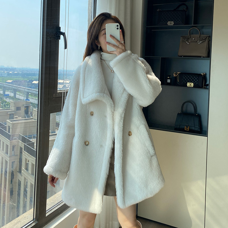 M Brand White Double-Breasted Teddy Bear Coat Winter Fur Granular Wool Loose Korean Style Jacket for Women