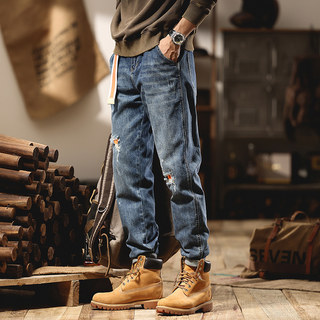 American Retro Workwear Jeans for Men, Autumn Straight-Leg Ripped Jeans, Cool and Heavy-Duty, Large Size, High Street Vintage Wide-Leg Pants