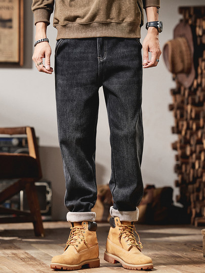 American Retro Jeans for Men, Autumn and Winter 2025 New Style, Straight-Leg, Fleece-Lined, Thickened, Warm, Cold-Resistant, Stretchy Long Pants