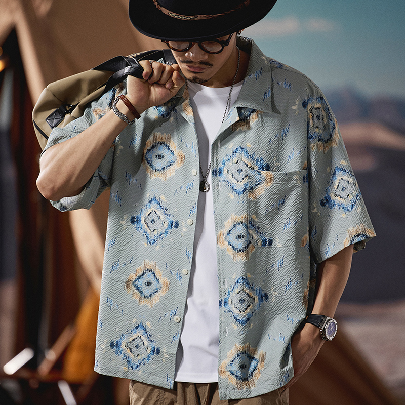 Summer Vacation Style Cuban Collar Half-Sleeve Floral Shirt 2025 Bubble Gauze Casual Outdoor American Short-Sleeve Shirt for Men