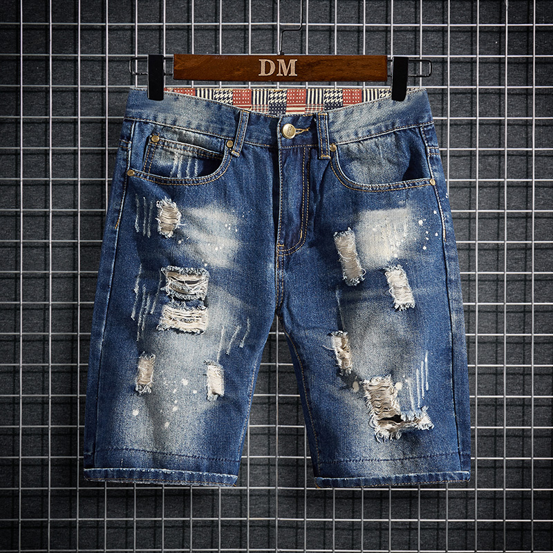 Summer lỗ màu xanh quần short denim nam thẳng thẻ đường xu hướng bf lỏng Hồng Kông gió đường phố giản dị mỏng giữa quần.