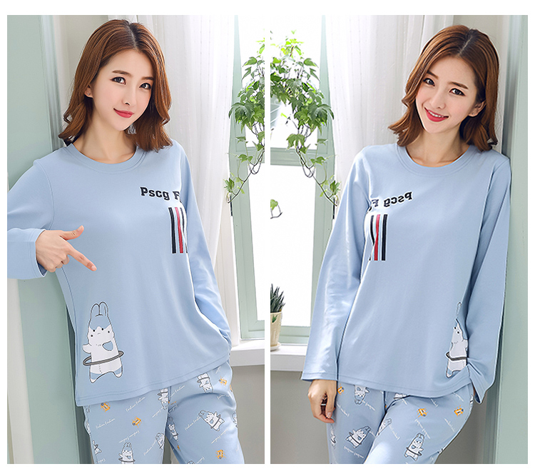 Quần dài tay đồ ngủ nữ cotton phù hợp với phim hoạt hình kích thước lớn mùa xuân và mùa thu cotton phục vụ nhà mặc thể thao hai mảnh xuong may do bo