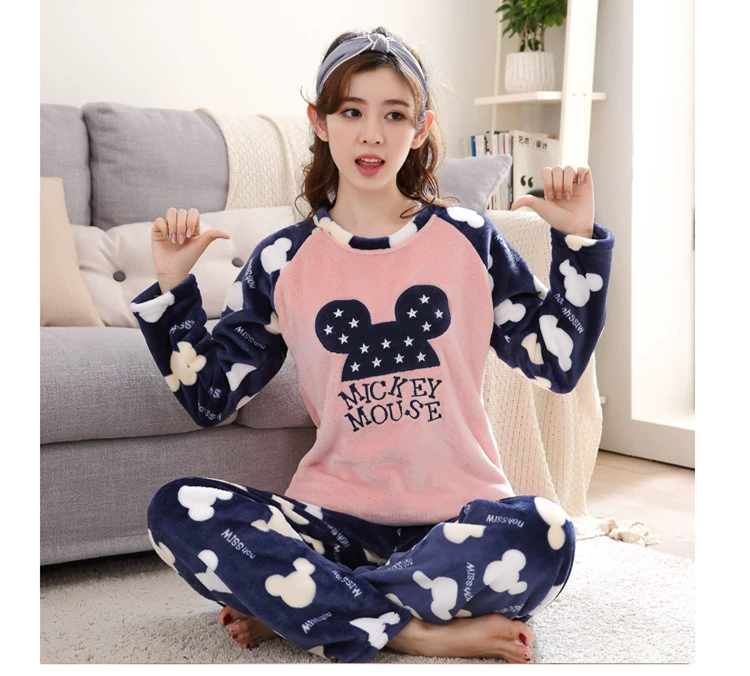 Flannel mùa thu và đồ ngủ mùa đông nữ san hô nhung dài tay dày dày phim hoạt hình ngọt ngào có thể mặc bộ đồ hai mảnh những kiểu đồ bộ de thương