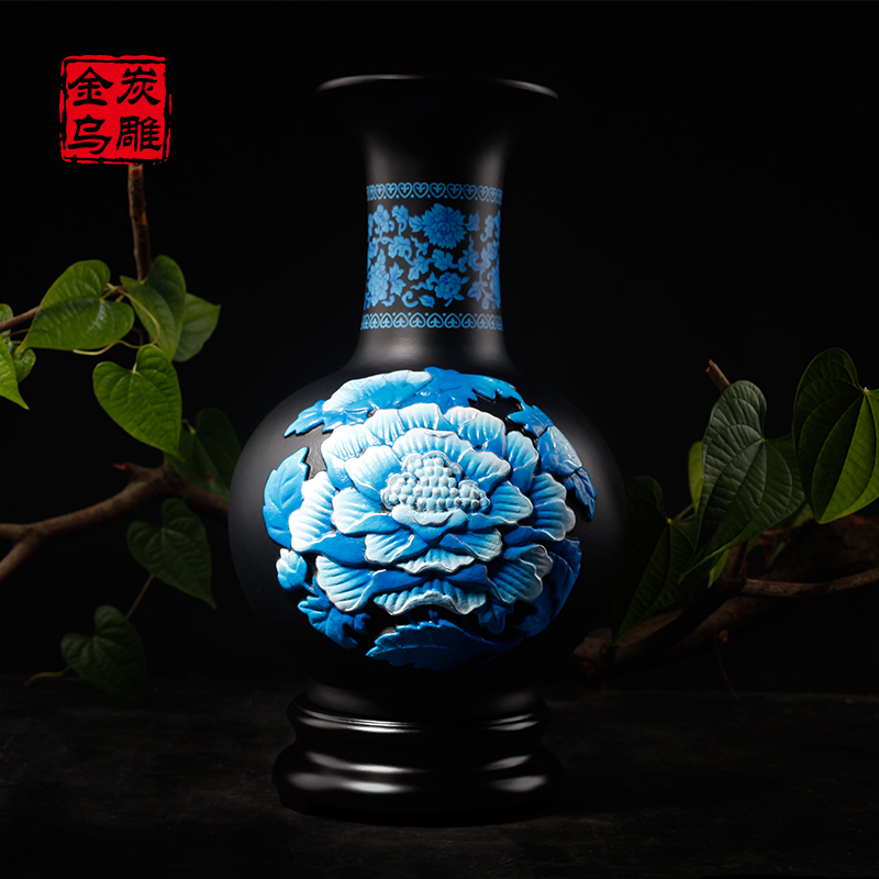 Jinwu charcoal carving Rich hibiscus Tianqiu bottle Charcoal carving Home entrance living room TV cabinet decoration vase craft gift decoration