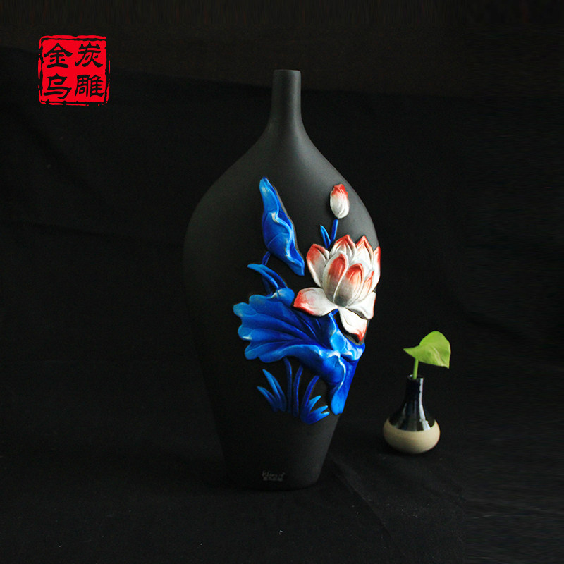 Jinwu charcoal carving show Lotus activated carbon carving vase decoration Home living room TV cabinet decoration crafts