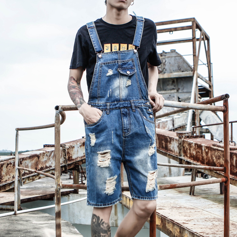 Retro Denim Overalls for Men, Summer Korean Style Slim Fit Ripped Shorts, Unisex Couple Suspenders, Blue Five-Point Shorts