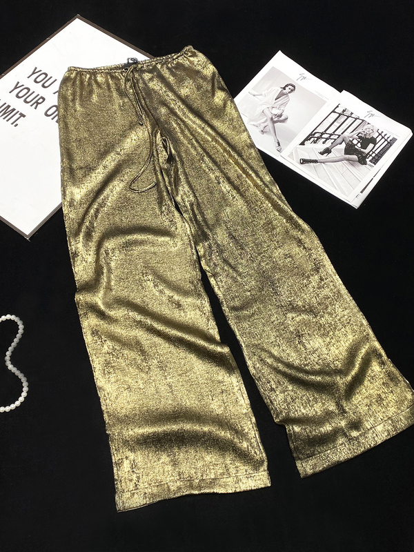 Cca Metallic Glossy Gold Floor-Length Casual Pants Glossy Vintage Elastic Waist Wide-Leg Pants Long Pants for Women Cca Metallic Glossy Gold Floor-Length Casual Pants Glossy Vintage Elastic Waist Wide-Leg Pants Long Pants for Women