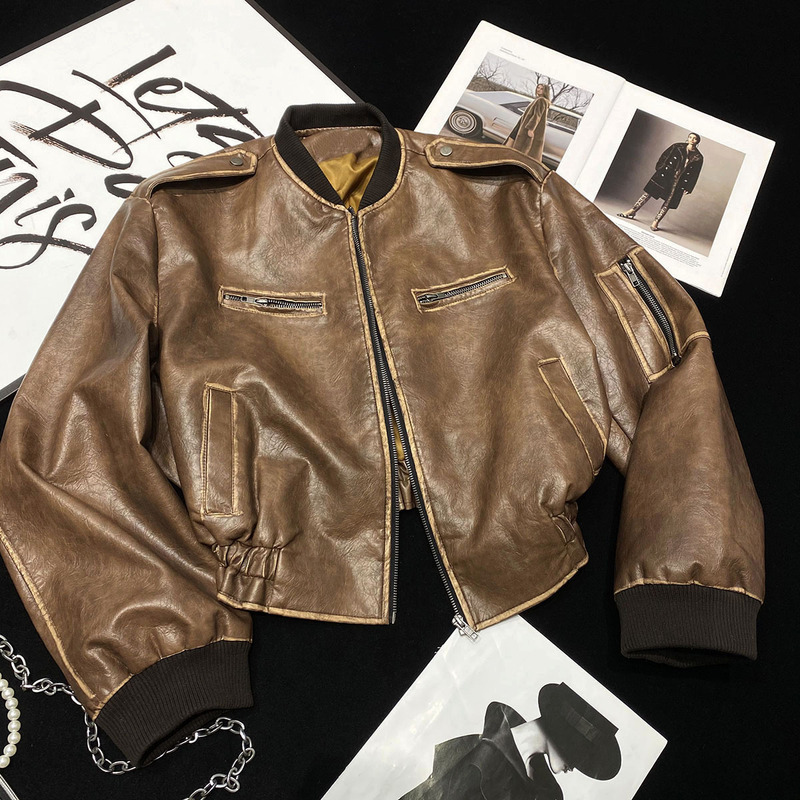 Cca LAOSHU Vintage Brown Distressed Leather Jacket Short Ruffled Waist Pu Leather Jacket Baseball Jacket