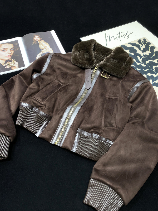 Cca LAOSHU American Retro Style Short Faux Fur Jacket with Faux Rabbit Fur and Leather Buckle Waist for Women