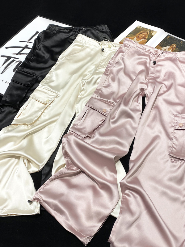 Cca LAOSHU High Street Brand Style Faux Satin Glossy Cargo Pants with Large Pockets, Drawstring, and Jogger-Style Acetate Satin Long Pants