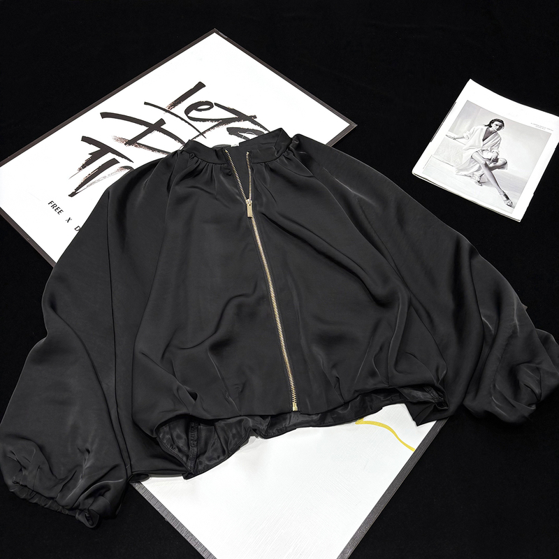 Cca LAOSHU Black Imitation Satin Glossy Short Baseball Jacket Loose Zipper Satin Bomber Jacket for Women