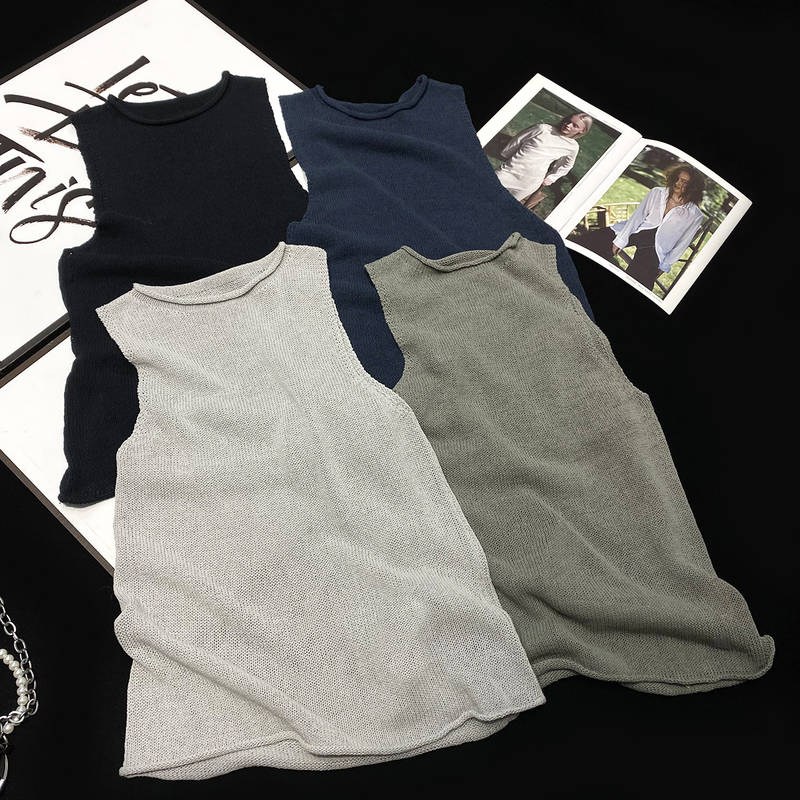 Cca LAOSHU American Retro Style Distressed Rolled-Edge Knit Vest Mid-Length Round Neck Pullover Knitwear Vest