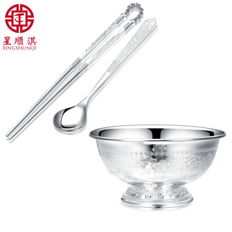 Silver Bowl 999 pure silver bowls chopsticks Spoon Suit Baby Birthday Wedding Silver Cutlery Snowflake Silver Domestic Silver Chopsticks