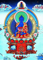 The portrait of the Buddha and the Bodhisattva of the Thangka Buddha the photo paper the plastic seal the crystal table the Tit