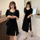2022 new large size women's clothing design sense niche black dress cover belly to show thin Hong Kong flavor chic summer