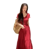 Красное летнее платье, пляжная длинная юбка, изысканный стиль, V-образный вырез