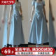 French seaside vacation blue dress women's summer 2023 new drape waist and thin square collar long skirt