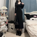 Атмосферное черное кружевное платье, длинная юбка, V-образный вырез, крой «рыбий хвост»