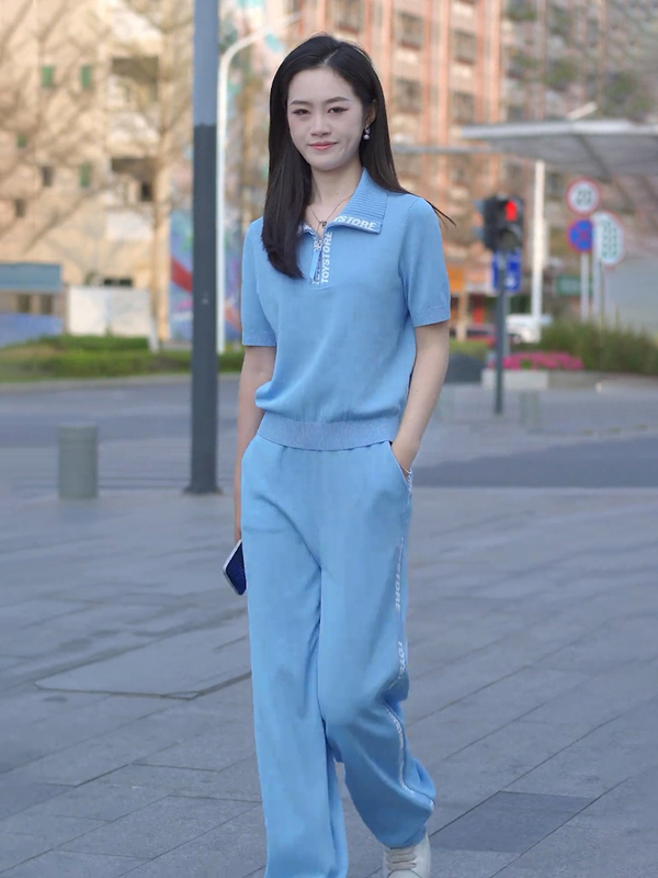 Blue Casual Fashion Sports Suit 2025 Summer New Trendy Street Style Age-Reducing Sweatshirt Wide-Leg Pants Two-Piece Set