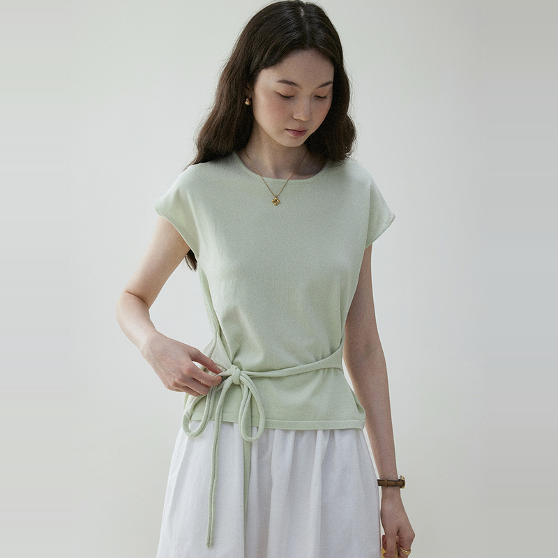 Mustard Pie Vooe Korean-Style Tie-Waist Knitted T-Shirt for Women, Summer 25, Round Neck, Raglan Sleeves, Slimming Top