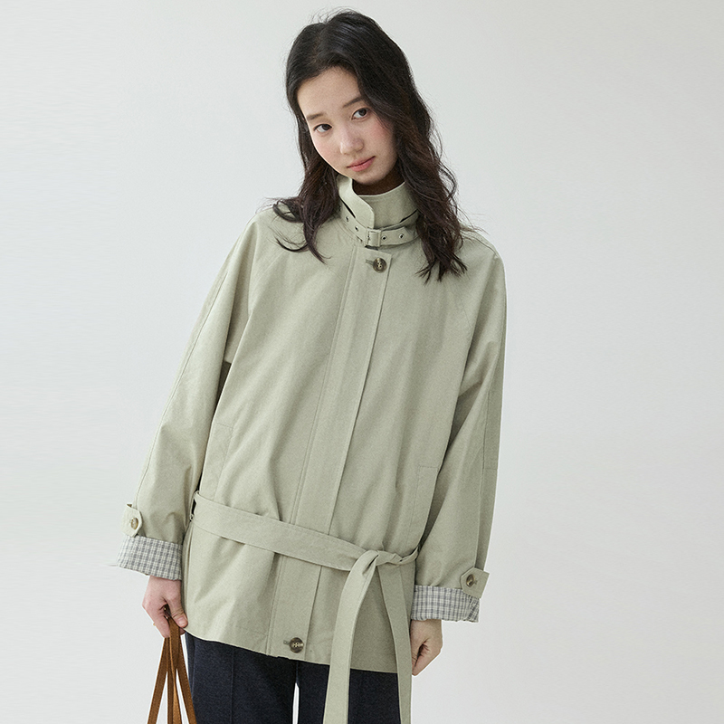 Mustard Pie Vooe Korean-Style Stand-Up Collar Trench Coat with Belt for Women, Early Spring New Commuter Simple Top