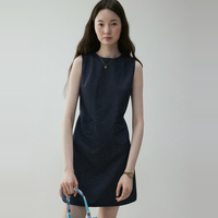 "Mustard Party VOOE" solid color temperament waist strap short dress women's summer round neck slim A-line skirt
