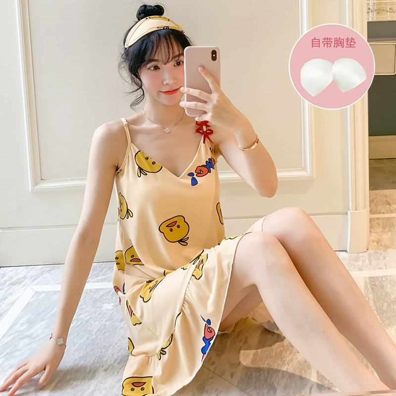 Váy ngủ mỏng mùa hè cho bé gái dễ thương và tươi tắn với đệm ngực có thể mặc bên ngoài bộ đồ ngủ công chúa gió váy vịt nhỏ màu vàng - Đêm đầm