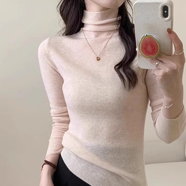 Spring and Autumn White Fine Wool 100% Pure Wool Sweater for Women, High-Neck Slim Fit, Stacked Collar, Thin Knit Long-Sleeve Base Shirt