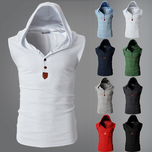 Summer hooded t-shirt vest men's waistcoat sports fitness sweat vest men's Korean version slim stretch sleeveless vest