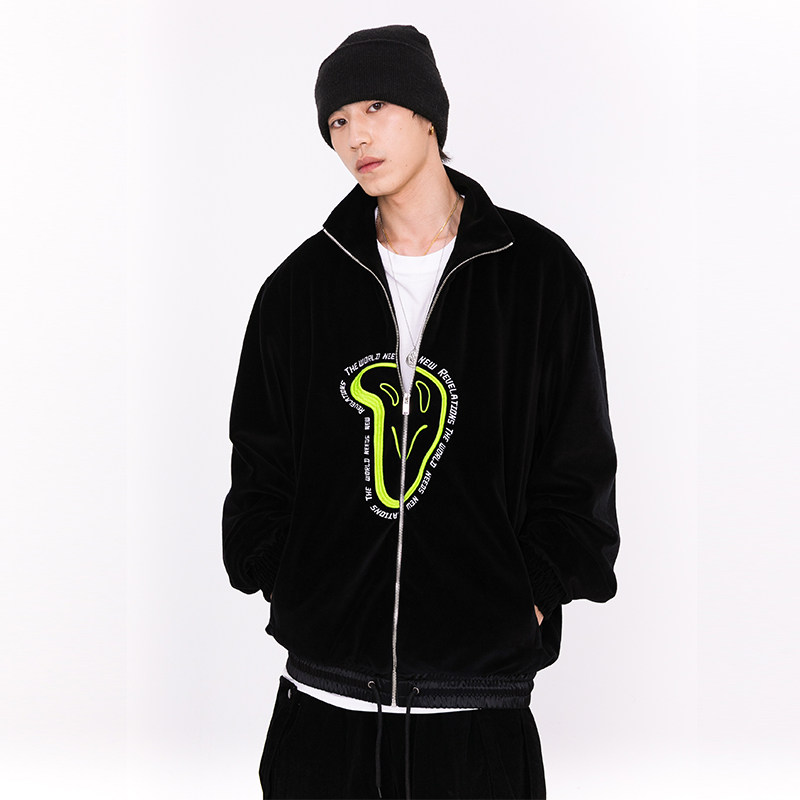 NSTNEW START Dali Time Distorted Embroidered Smiley Gold Velvet Jacket National Tide Brand Hip Hop Thickened Jacket