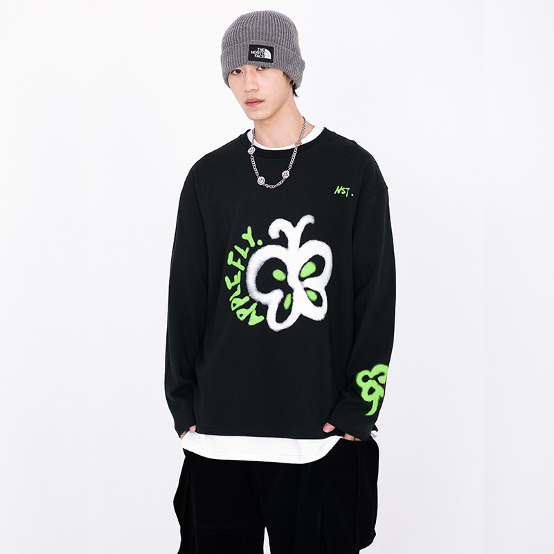 NSTNEW START spray paint graffiti butterfly bottoming long-sleeved tide brand hip-hop retro loose couple pullover casual top