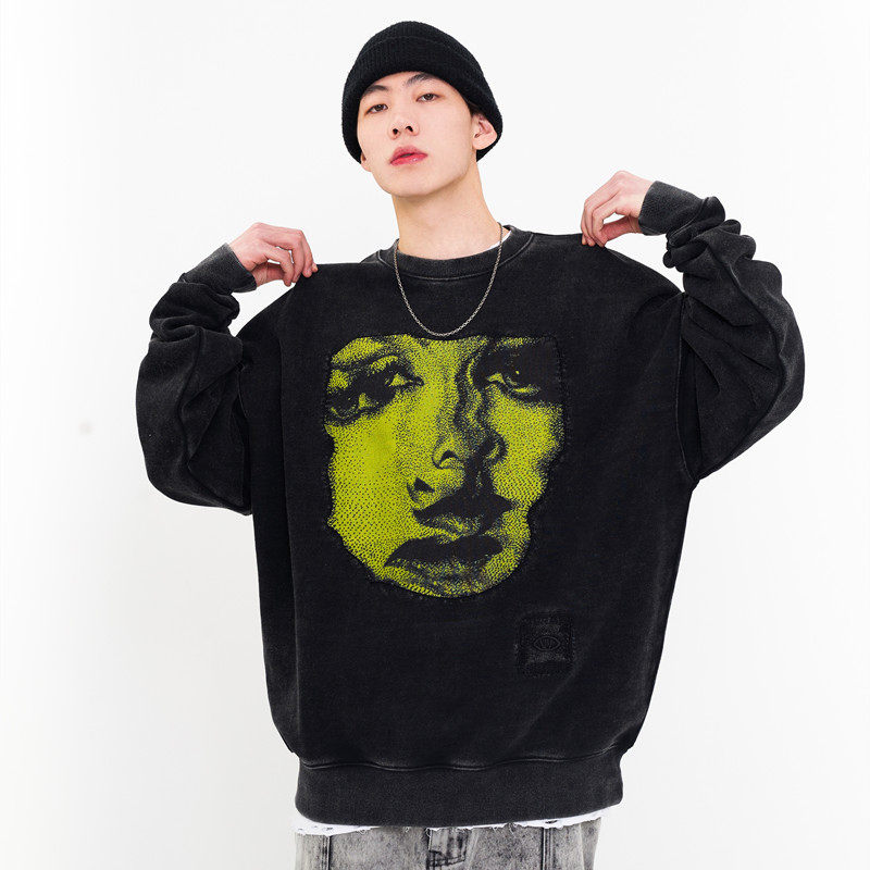 NSTNEW START tide brand irregular face wash made old cloth stickers couple loose pullover round neck thick cotton T male