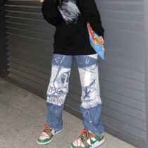 NSTNEW START 2PAC hip-hop washed ink-splashing retro loose straight printing national trend casual jeans