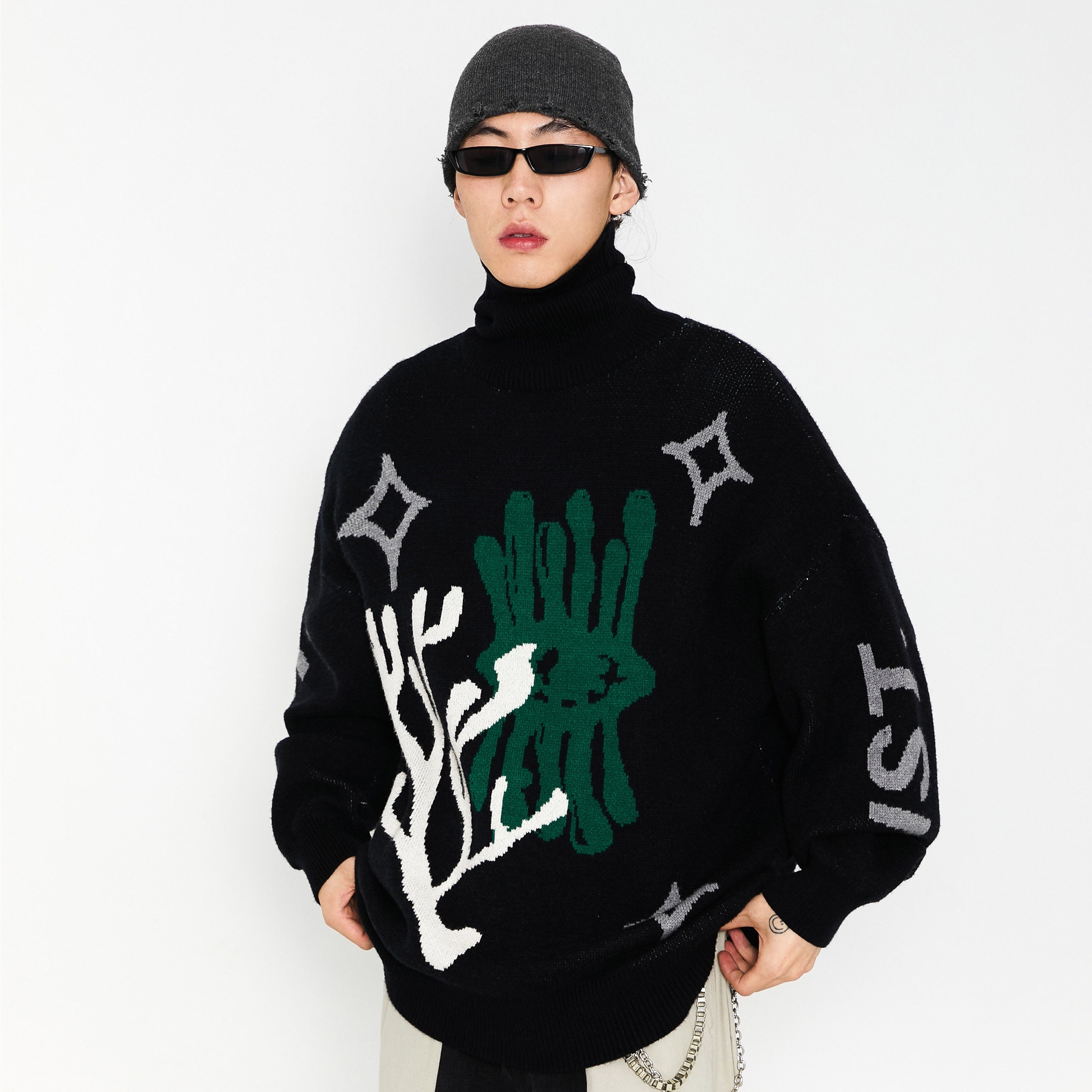 NSTNEW START plant flower whale eye turtleneck Christmas sweater couple thickening retro tide brand sweater