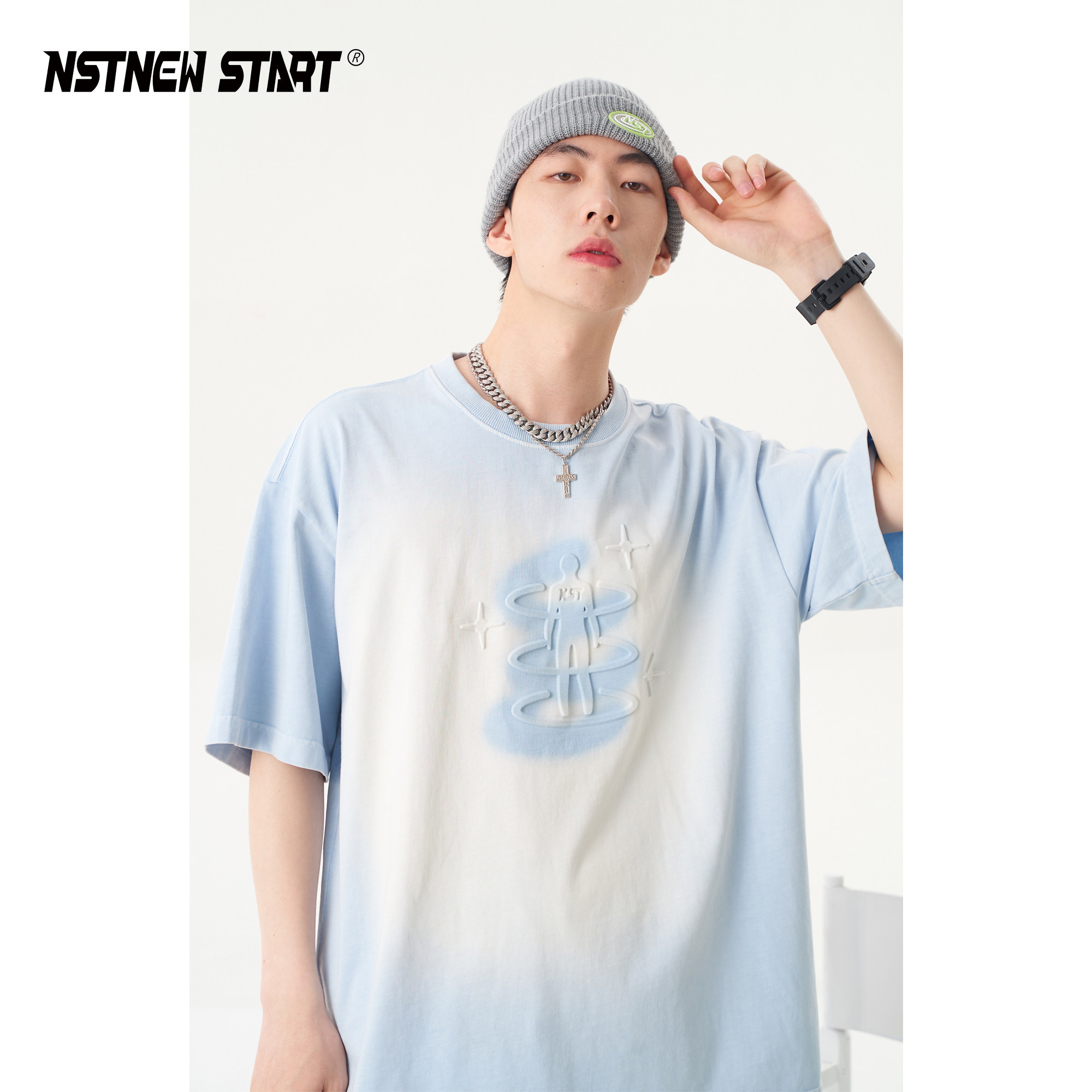 NSTNEW START ASYMPTOTIC Pendant Impression of Dyed Short Sleeve Male Tide Card Pure Cotton Loose Half Sleeve Couple of T-shirt