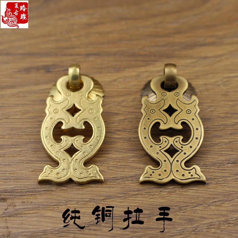 Chinese style furniture antique bronze handle double fish-shaped pure copper small handle drawer cabinet door hanging handle five gold accessories