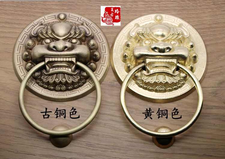 Antique pure copper large door handle lion head unicorn head bronze handle ancient building decoration door pure copper accessories