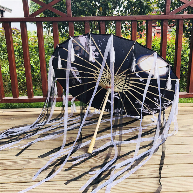 Black Fairy Crane Floating With Flow Suumbrella Woman Handmade Ancient Wind Write Real Photo Ancient Dress Hanfu Craft Umbrella