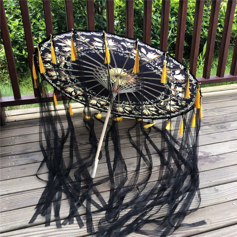 Prosperity printed silk umbrella classical Chinese style Hanfu female accessories ribbon tassel umbrella ancient costume fairy photo props