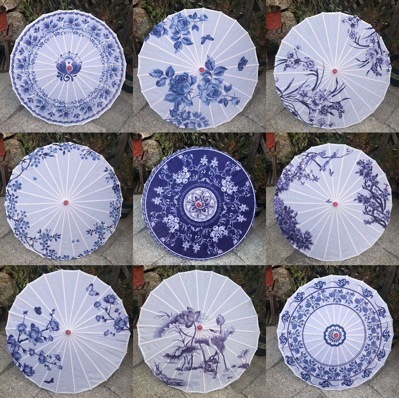 Blue and white porcelain oil-paper umbrella pure handmade traditional suspended ceiling decorative umbrella cheongsam show catwalk performance prop umbrella costume umbrella