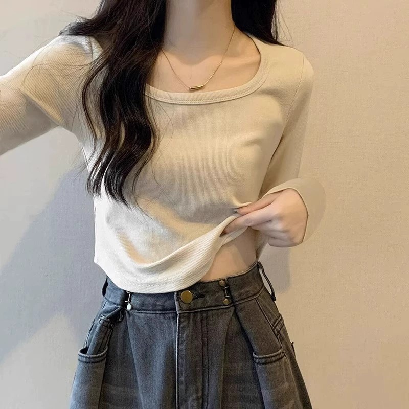 Pure cotton positive shoulder arc down swing long sleeve T-shirt female autumn-winter square collar fix with undershirt woman inside lap blouse-Taobao