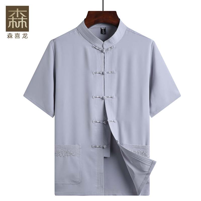 China Wind Tango Men's Short Sleeves Grandpa Clothes Single Piece Summer Hanfu Summer Clothing Middle Aged Real Silk Dad Shirt