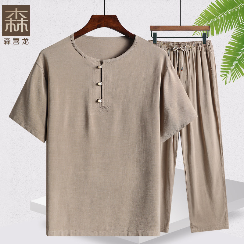 China Wind Cotton Linen Suit Dad Summer Clothing Shirt Mid Aged Tang Dress Men's Grandpa Summer Short Sleeve Old Clothes