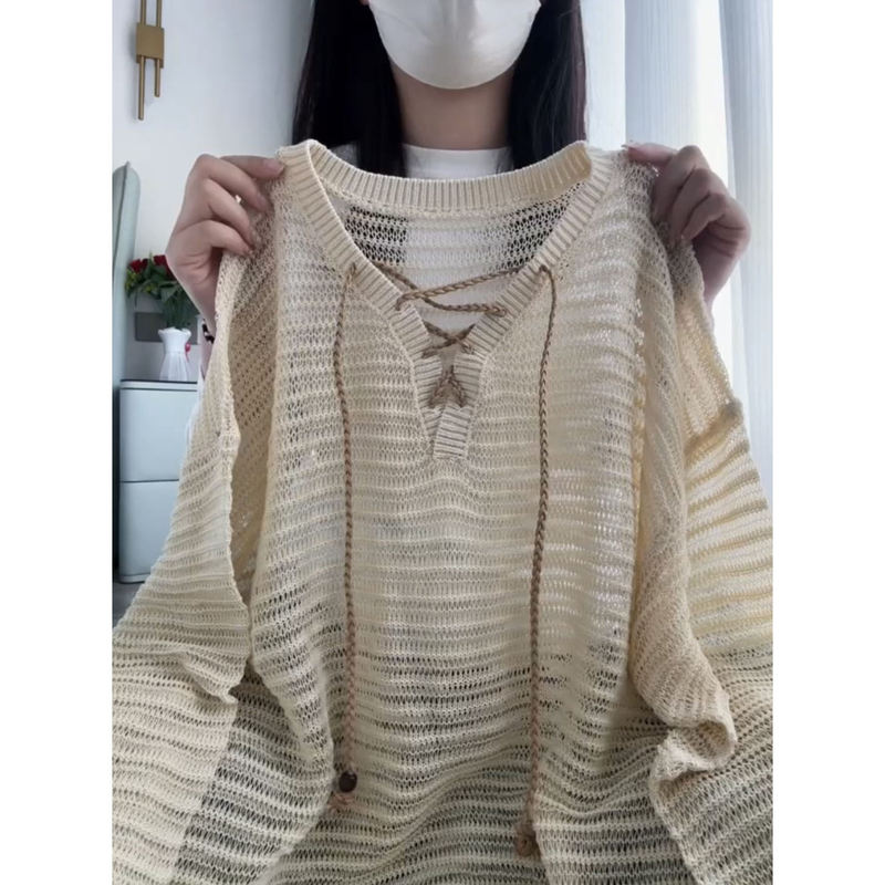 2026 New Style Hollow-Out V-Neck Sun-Protective Knit Cover-Up for Women, Summer Thin Long-Sleeve T-Shirt, High-End Niche Non-Crowded Design Top