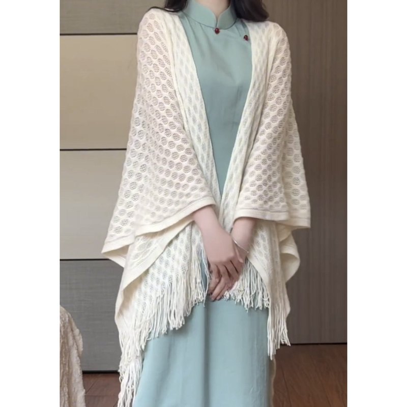 White Qipao Shawl Paired with a New 2026 Spring/Summer Niche Style Elegant Cape Cardigan with Knitted Tassels
