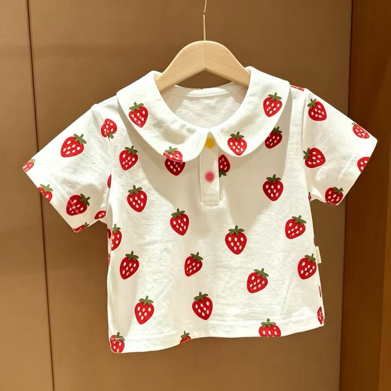 Threaded Cotton Girls' Strawberry Print Polo Shirt, Kidsren's Short-Sleeved Shirt, Baby's Cute Loose-Fitting Fashionable Top, Trendy Threaded Cotton Girls' Strawberry Print Polo Shirt, Kidsren's Short-Sleeved Shirt, Baby's Cute Loose-Fitting Fashionable Top, Trendy