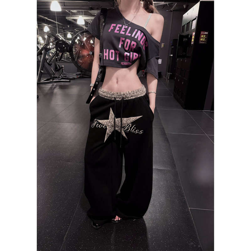 Marmroo American Retro Star Leopard Print Embroidered Wide-Leg Pants for Women Black Drawstring Casual Sports Pants Marmroo American Retro Star Leopard Print Embroidered Wide-Leg Pants for Women Black Drawstring Casual Sports Pants